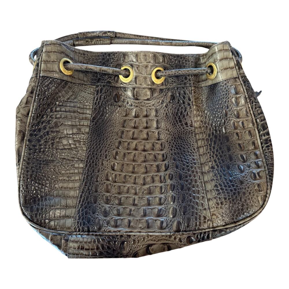Vintage Brahmin Dana Melbourne Brown Croc Leather Drawstring Bucket Bag